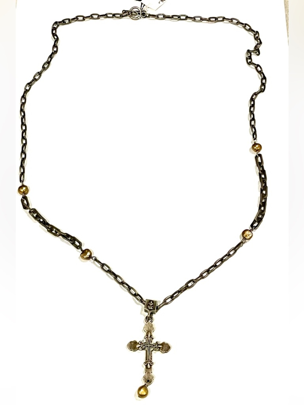 New French Kande Mixed Metal Cross Pendant Necklace with Gold Accent Beads 38 in
